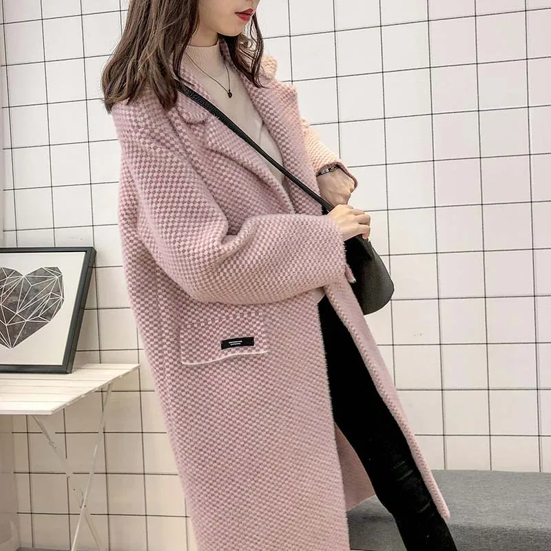 

Autumn And Winter Thick Imitation Mink Cashmere Plaid Sweater Coat Women's 2019 New Style Mid-length Double-Sided Mink-like Over