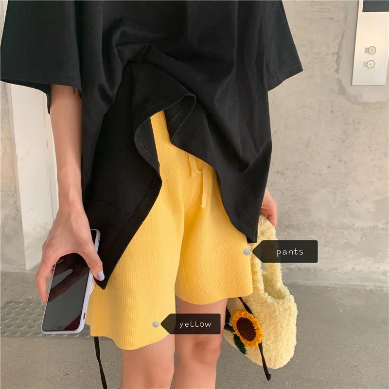 2020 Summer Knit Shorts For Women Elastic Waist Wide Leg Short Pants Female Knee-length High Waist Loose Solid Capris Shorts 2020 Summer Knit Shorts For Women Elastic Waist Wide Leg Short Pants Female Knee-length High Waist Loose Solid Capris Shorts