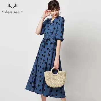 

Women Crewneck Fashion Elegant Half-sleeves Dresses Dot Print Simple Pleated Dresses Female Joker Spring New
