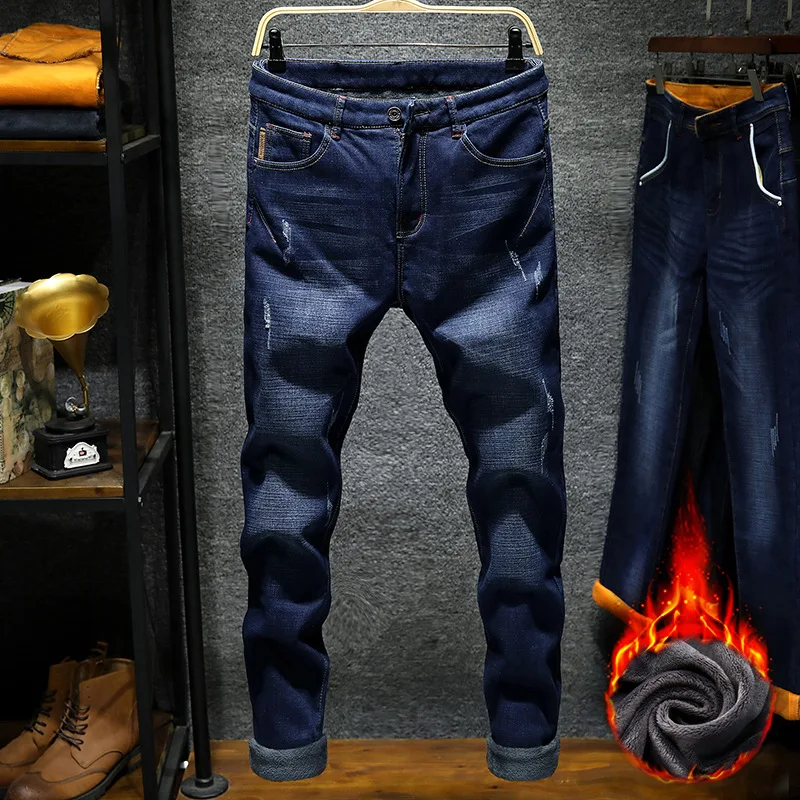 

New Skinny Jeans Brand Autumn Winter Stretch Slim Fit Denim Warm Flocking Warm Soft Men Activities Warm Fleece Men Jeans