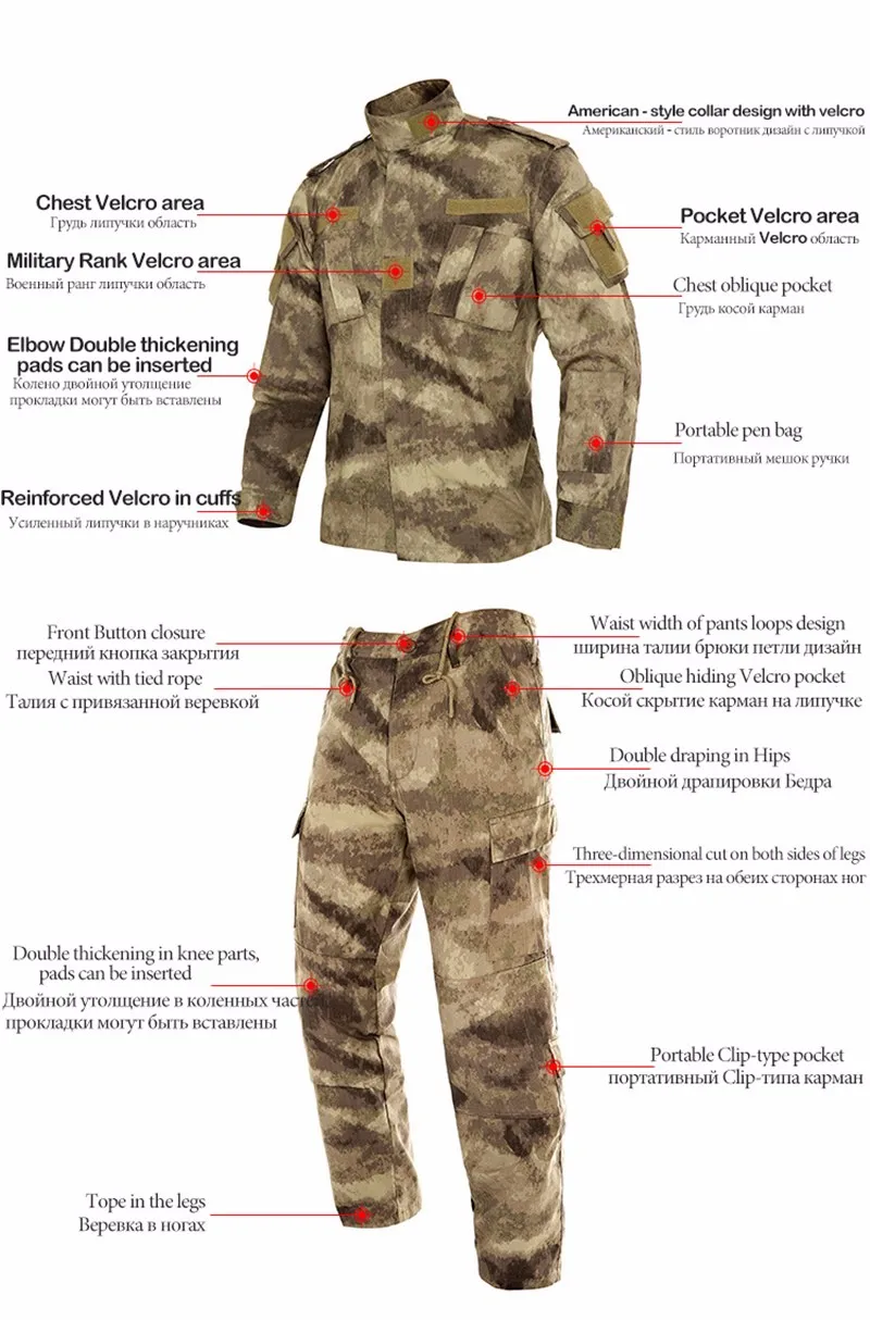 Military Uniform Camouflage Tactical Suit Men Army Special Forces Combat Shirt Coat Pant Set Camouflage Militar Soldier Clothes