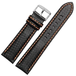 Men's Carbon Fiber Watch Strap with Red Stitching and Leather Lining, Stainless Steel Clasp - 20mm black clasp (Orange  pin clasp)