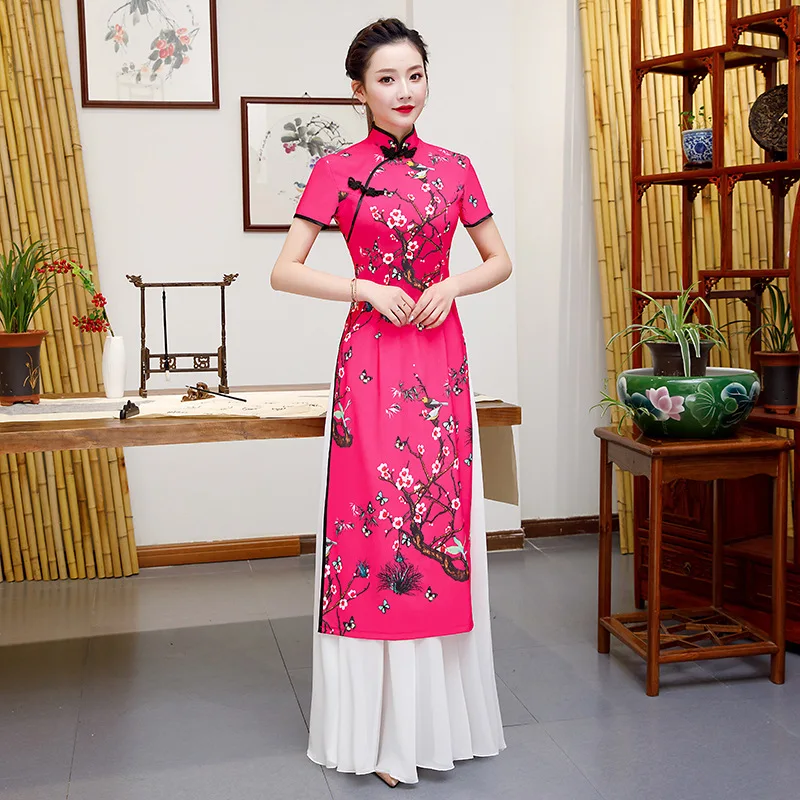 Желтый плюс размер 5XL Китайский традиционный Женский Aodai Qipao с цветочным принтом винтажный Чонсам Новинка китайское торжественное платье