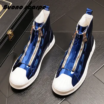 

2020 High Quality New Luxury Mens Blue Increase Within Casual Shoes Patent Leather Double Zip Man Trending Leisure Ankle Boots