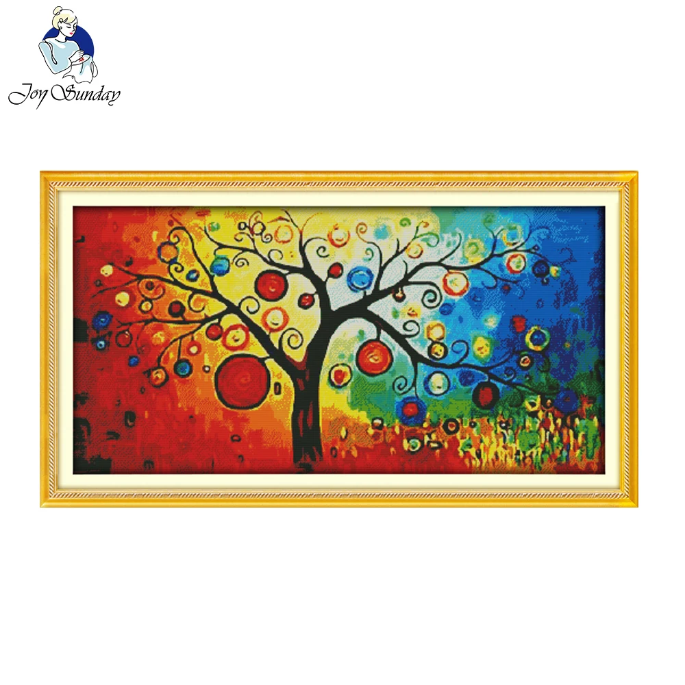 Stamped Cross Stitch Kits Pre-Printed Colorful Tree Embroidery Needlework