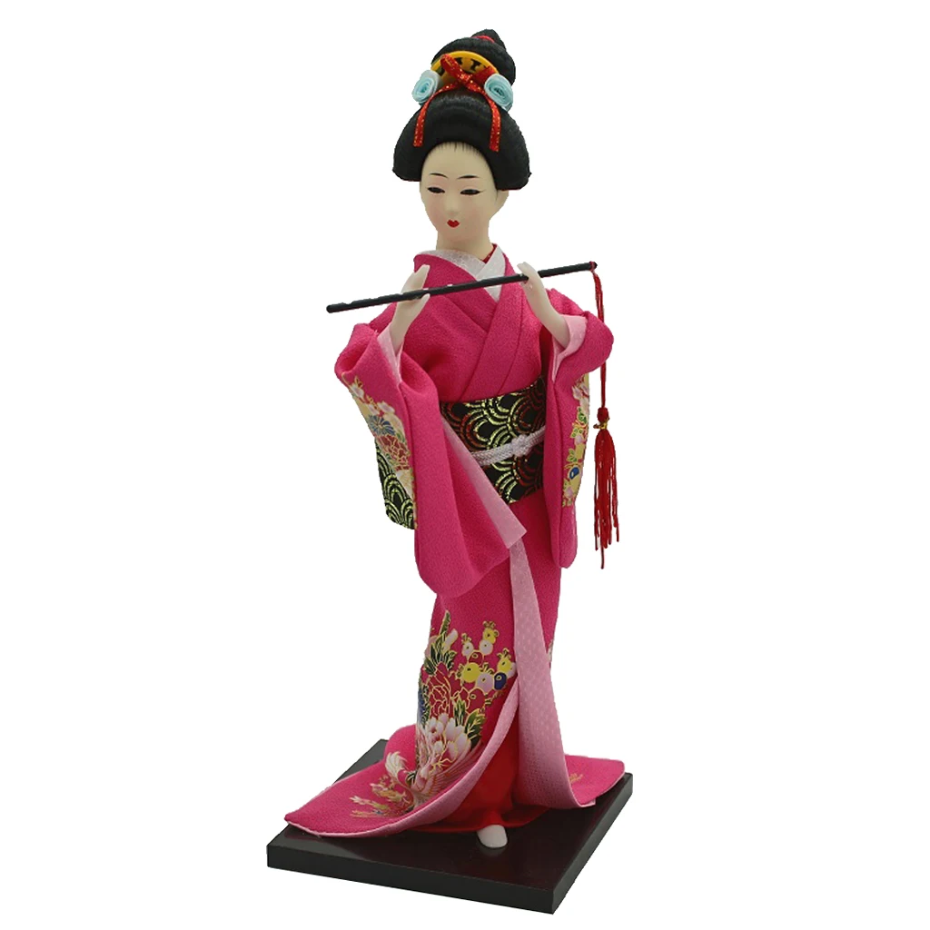 12inch Ancient Japanese Lady Figurine Geisha Doll In Rose Red Kimono W/ Fan