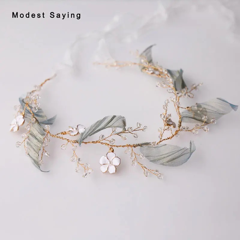 Gold Leaves Wedding Headband Crystal Bridal Headwear with Ribbons Bridal Wreath Ornaments Wedding Accessories Headpiece