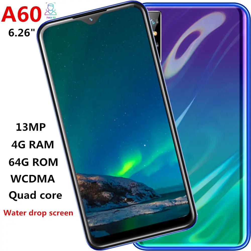 Смартфон A60, экран капли воды, 6,26 дюймов, четырехъядерный процессор, 4 Гб ОЗУ, 64 Гб ПЗУ, 13 МП, распознавание лица, разблокированный, Android, мобильные телефоны, Wi-Fi, глобальная версия