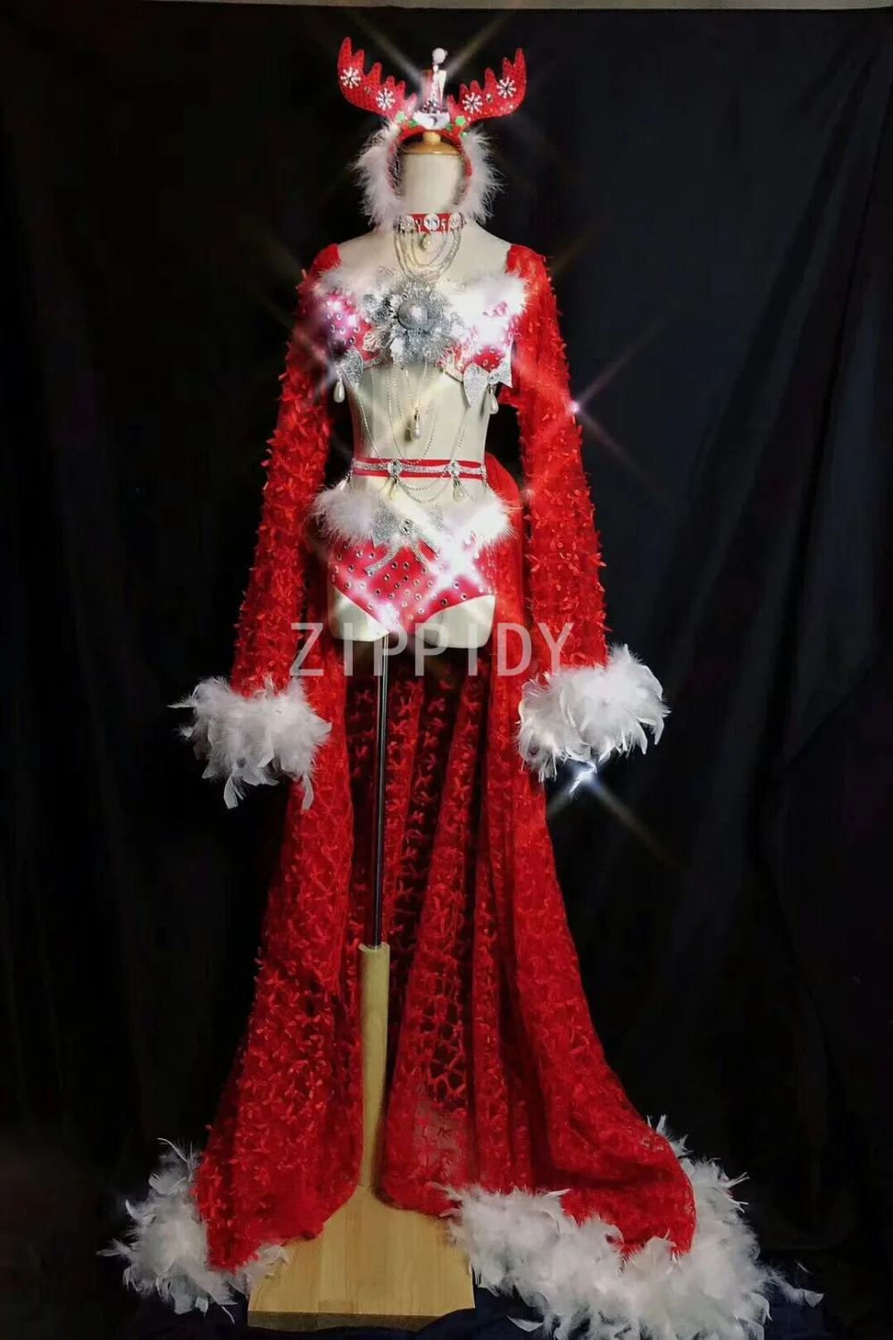 Мигающий серебряный стразы бюстгальтер с перьями короткий сетчатый длинный хвост красный комплект бикини Женская Вечеринка певица блестящая одежда