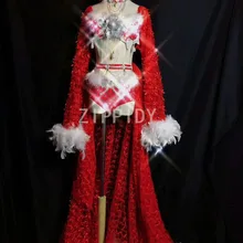 Мигающий серебряный стразы бюстгальтер с перьями короткий сетчатый длинный хвост красный комплект бикини Женская Вечеринка певица блестящая одежда