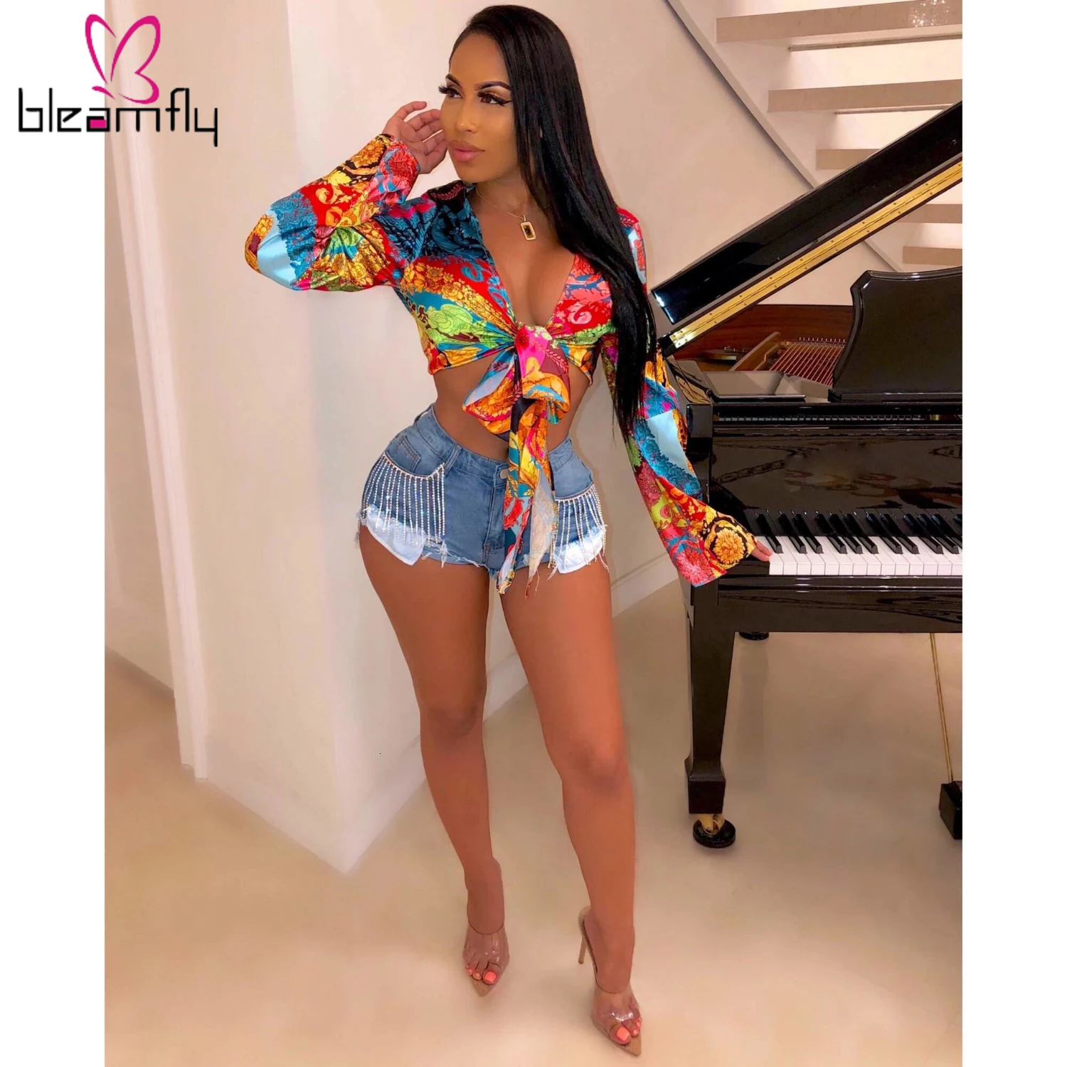 

Women Autumn spring Long Sleeve Vintage Print Tie Up Blouses Up Turn-down Neck Shirts Plus Size Top floral print shirt for women