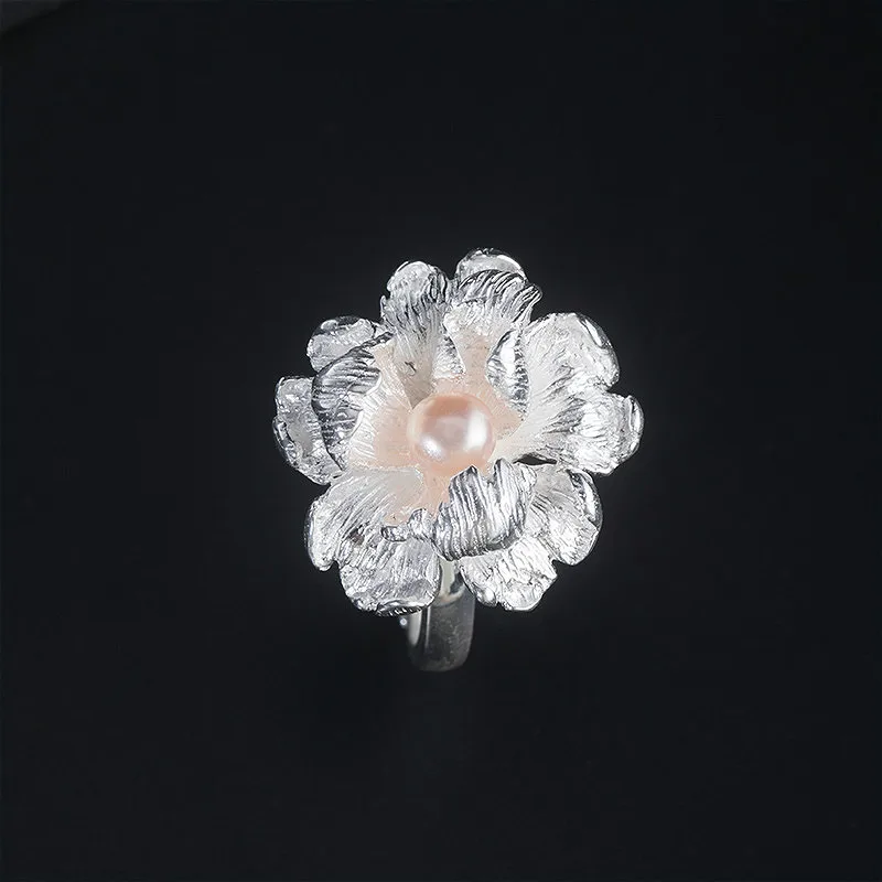 

Flyleaf Real 925 Sterling Silver Freshwater Pearls Peony Flower Open Rings For Women Chinese Style Handmade Vintage Jewelry