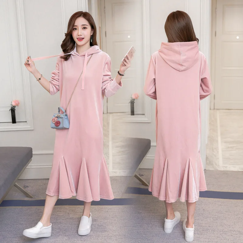 

Pregnant Women Dress Autumn Clothing Korean-style Large Size Fat Mm Loose-Fit Slimming Gold Velvet Tops Mid-length Pregnant Wome