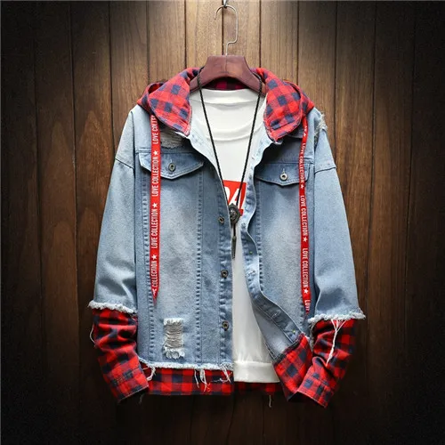 Light blue Поп джинсовая куртка Мужская Лоскутная Золотая лента ковбой панк Рок Мужская куртка Высокая уличная модная верхняя одежда мужская куртка хорошая осень - Цвет: Light blue