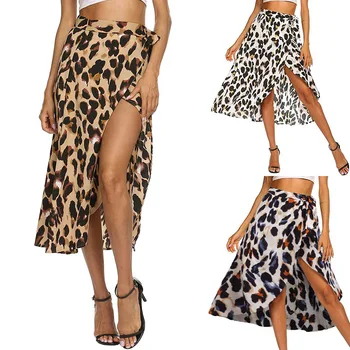 

2020 New Spring Summer Skirts Womens Brown Blue Yellow Leopard Knee-length Chiffon Skirts Sexy Bandage Women Skirt Beach Skirt
