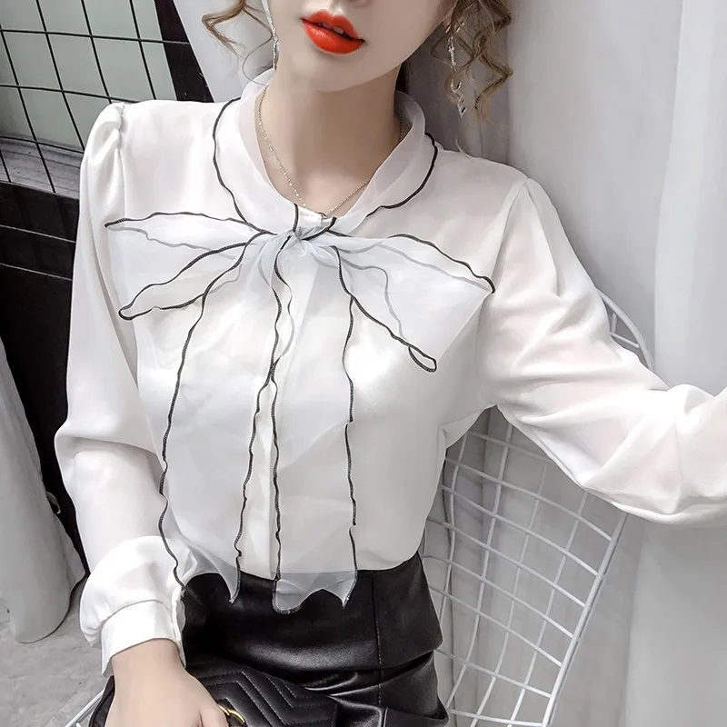 

A Generation of Fat White Shirt Autumn Bow Chiffon Shirt Long Sleeve Was Wonderland Tops Versatile Western Style Shirt