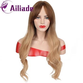 

AILIADE Black Brown Blonde Synthetic Wigs Middle Part Ombre Wavy Wigs Long With Bangs Fake Hair