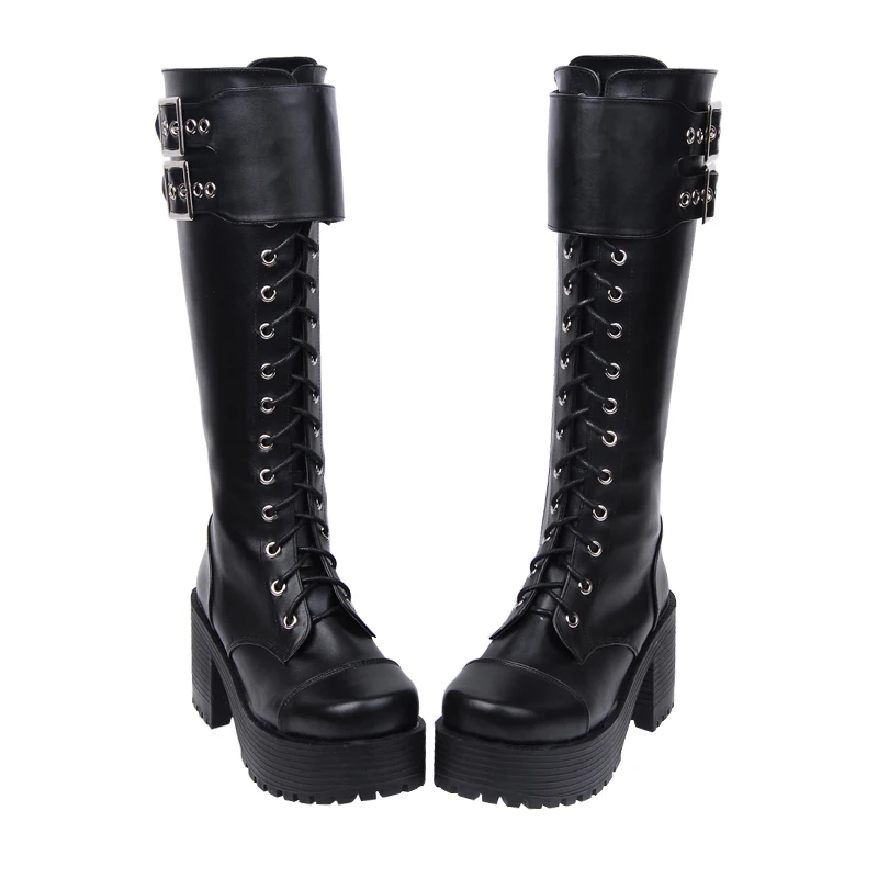 8CM HEEL-BLACK N1 Женские ботинки в японском стиле Харадзюку для костюмированной вечеринки на платформе с закрытой пяткой женские черные кожаные высокие сапоги с кружевным верхом в стиле готика панк - Цвет: 8CM HEEL-BLACK N1