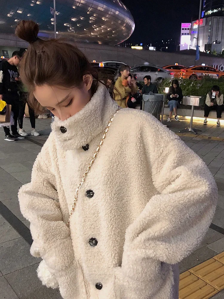 

Online Celebrity 2019 New Retro Real Wear And Easy to Take of Stand Collar Lambs Wool Coat Women's Winter Korean-style Loose-Fit