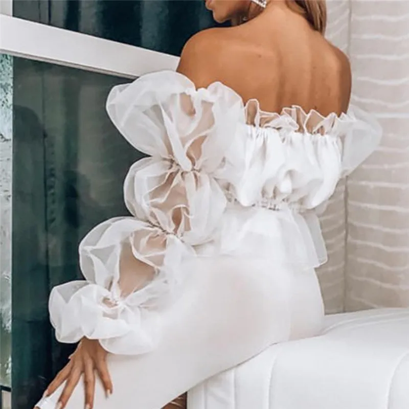 

Sexy Off Shoulder Mesh Puff Long Sleeve Skinny Short Tee T Shirt Fashion Women Spring Slim Fit Party Club Tshirt Tops #40