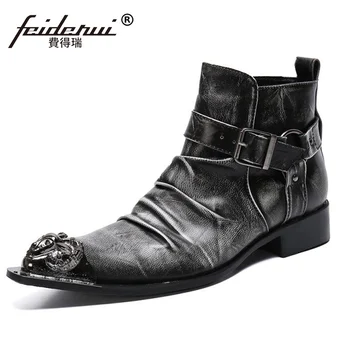 

Plus Size Fashion Pointed Toe Pleated Man Handmade Shoes Genuine Leather Men's Cowboy Punk Rocker Riding Ankle Boots SL753