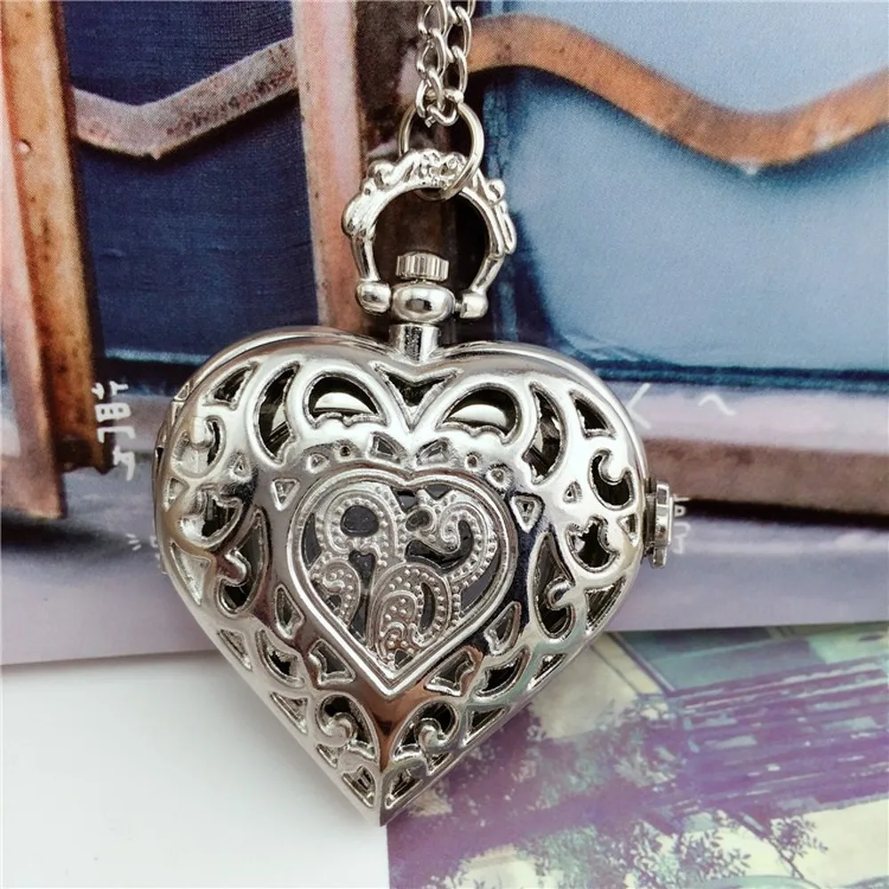 Винтажное ожерелье зеленый бронзовый вырез резные карманные часы в виде сердца ожерелье Любовь Сердце часы ожерелье часы - Color: Silver
