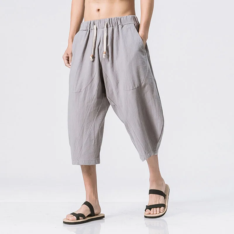 light gray pants Летние новые мужские свободные шаровары длиной до икры с завязками удобные мешковатые широкие брюки из хлопка и льна 4xl 5xl - Цвет: light gray pants