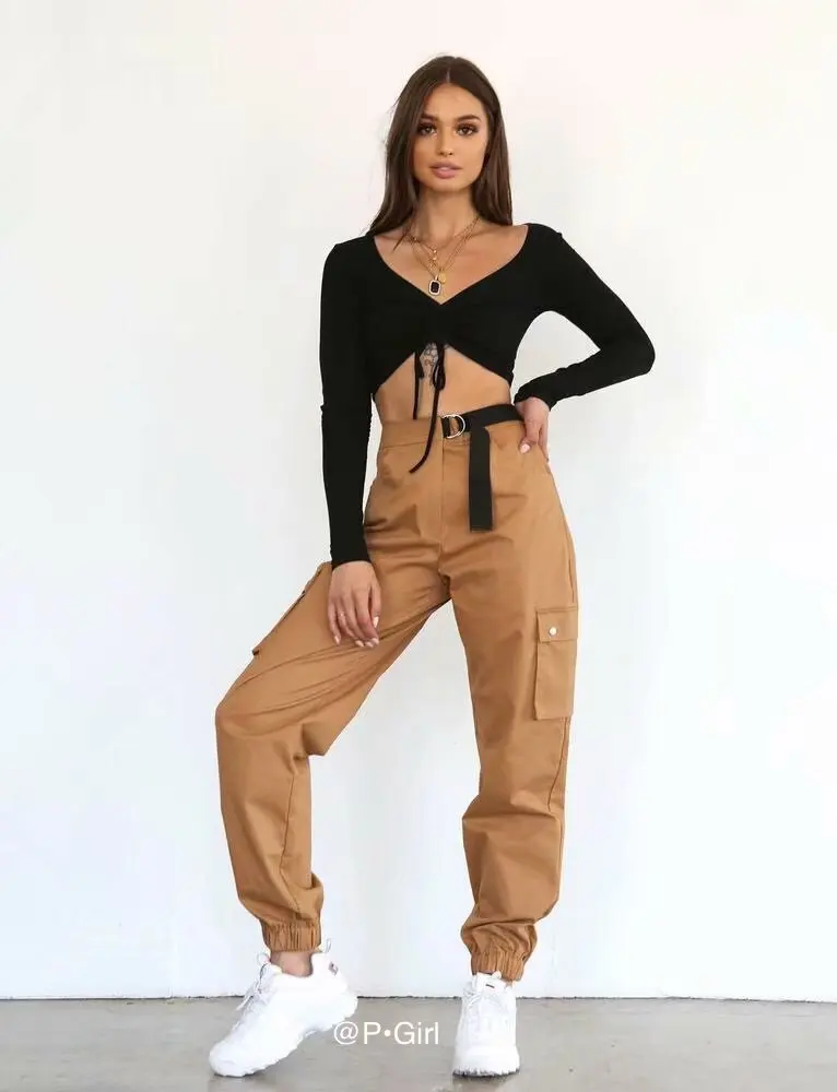 

W Western Style Autumn And Winter Commuting Cotton Solid Color Waist Bandage Cloth High-waisted Cargo Trousers Large Pocket Loos