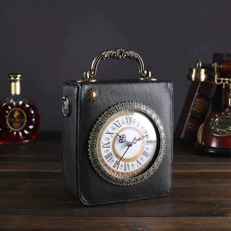 

Women Handbags Real Clock Shoulder Stylish Alarm Package Retro High Quality European Vintage Women Leather Handbag Messenger Bag