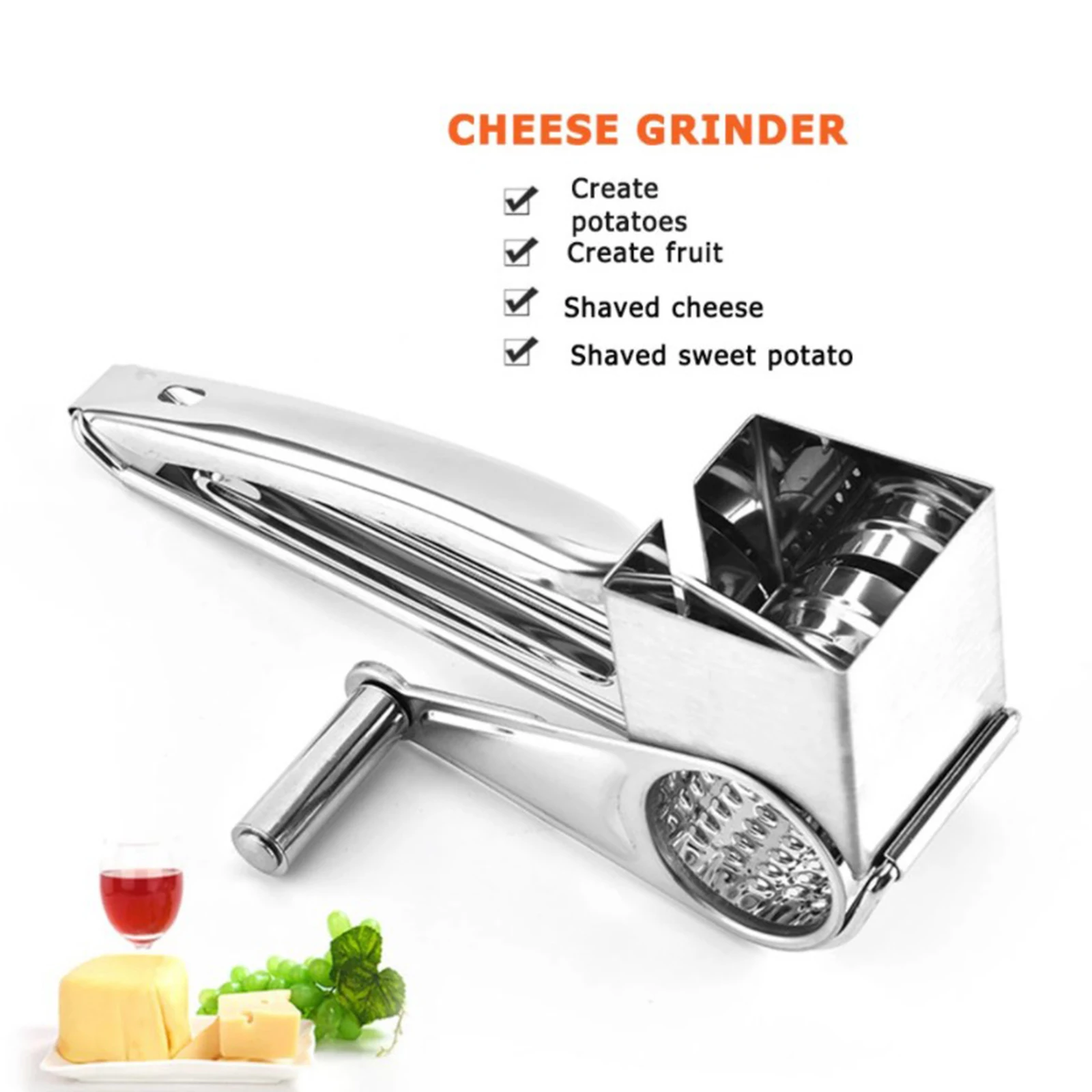 Manual Round Mandoline Slicer Shredder Rotary Cheese Grater Vegetable Cutter