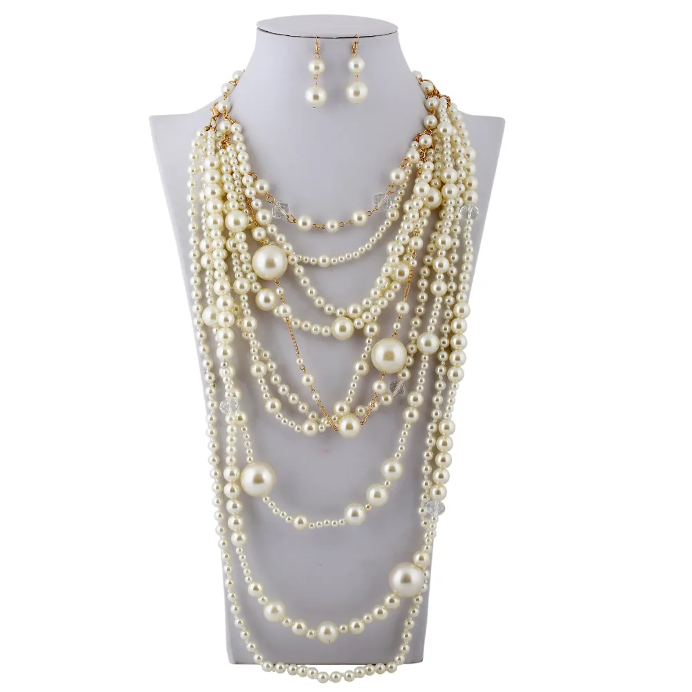 

Multilayer Pearl Necklace Women Tassel Necklace Crystal Pearl Handmade Necklace Earrings Sweater Chain