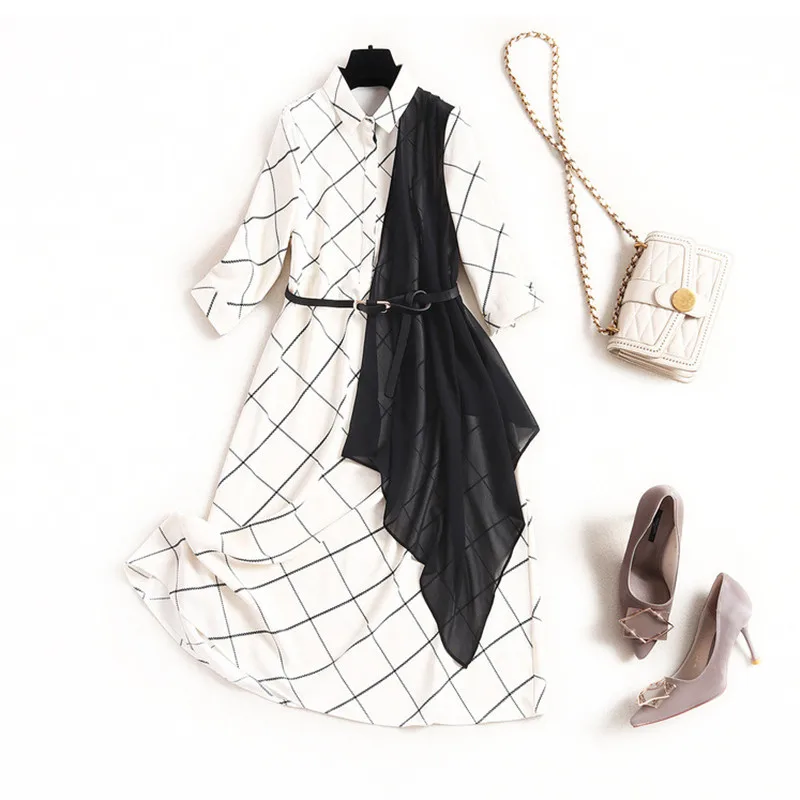 

New 2020 spring summer shirt dress button front a-line office lady ol style plaid patchwork black scarf belt dresses