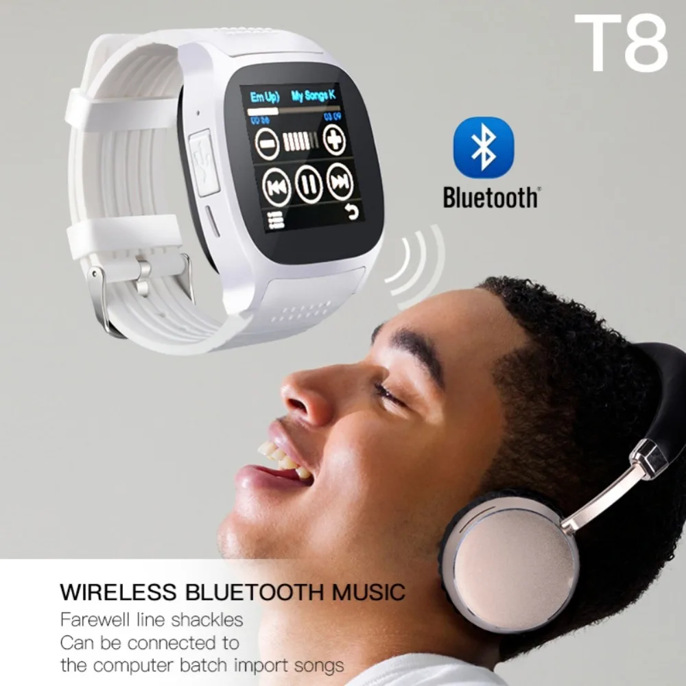 Bluetooth T8 Смарт часы музыкальный плеер Facebook Whatsapp Синхронизация SMS камера Smartwatch поддержка SIM TF карта reloj inteligente relogio