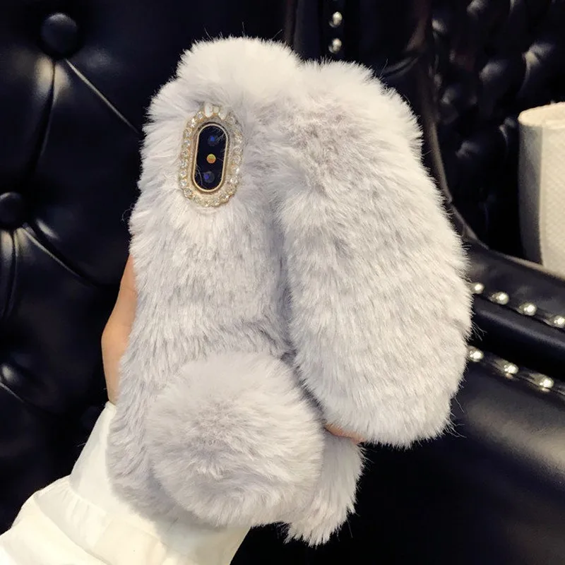 Winter Warm Cute Rabbit Case For Huawei P20 P30 Pro P8 P9 Lite Chrismas Gift Plush Fur Soft Silicon Phone Case For Mate 20 Pro - Цвет: Light Gray