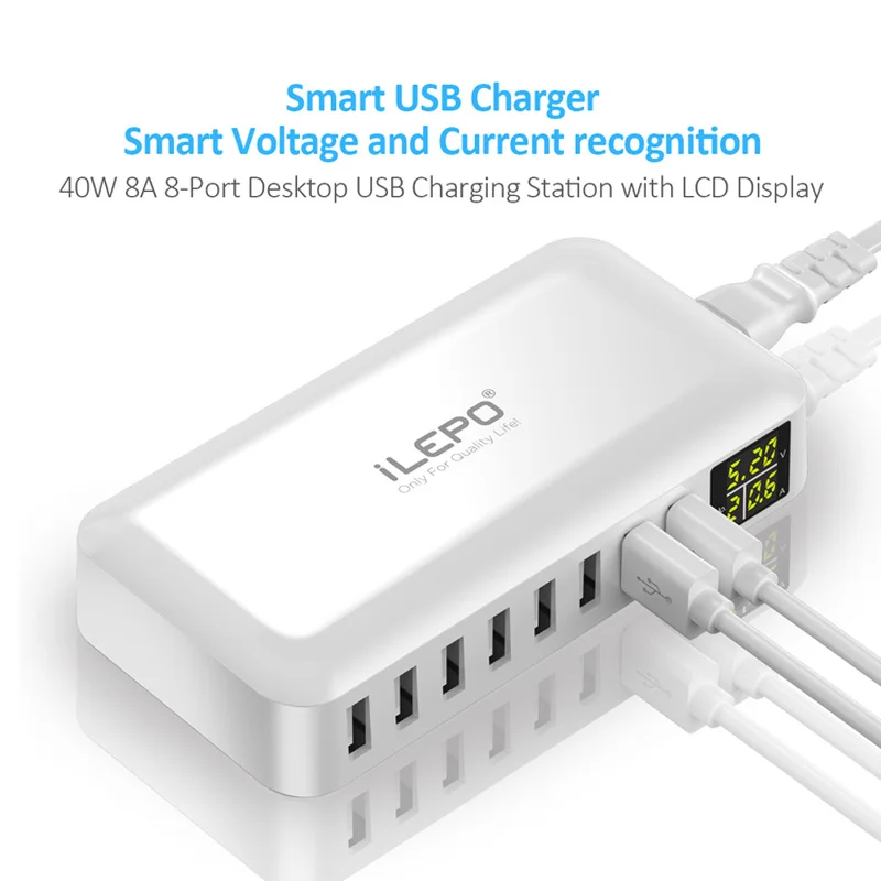 ILEPO i6 USB зарядное устройство 8-портовое качественное зарядное устройство для телефона с ЖК-дисплеем 5 в 8А для huawei Xiaomi внешний аккумулятор для планшета iPhone 8 X samsung
