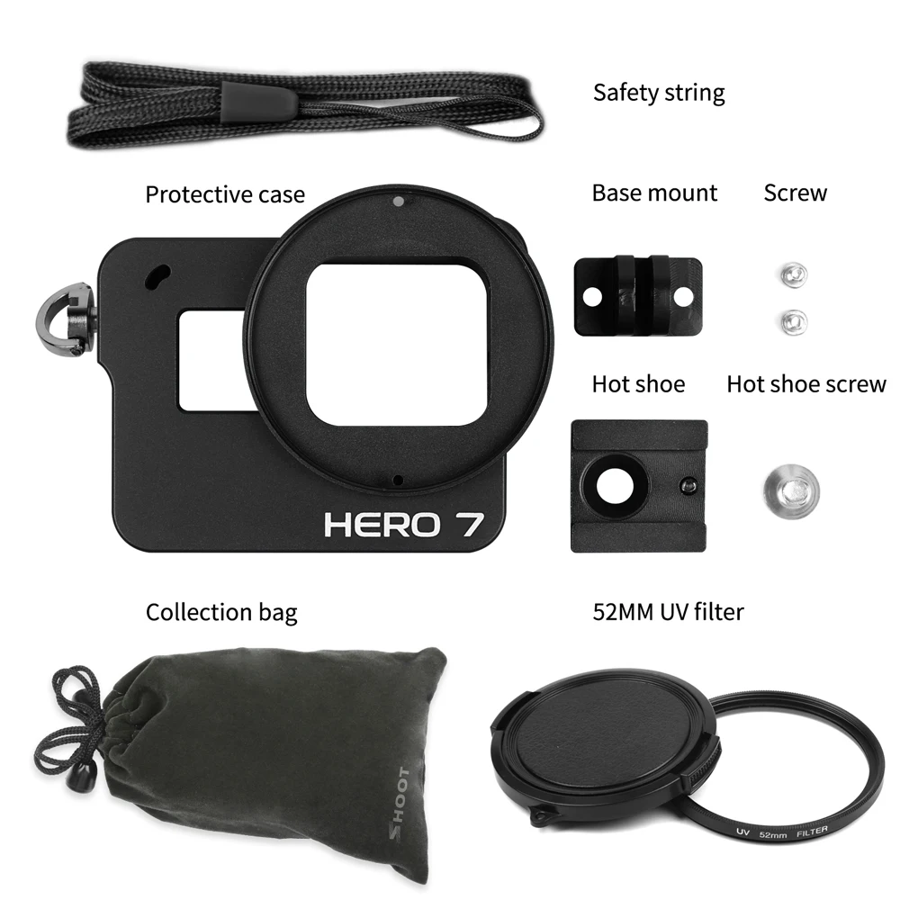 Защитный чехол SHOOT CNC из алюминиевого сплава черный для GoPro Hero 7 6 5 с 52 мм УФ