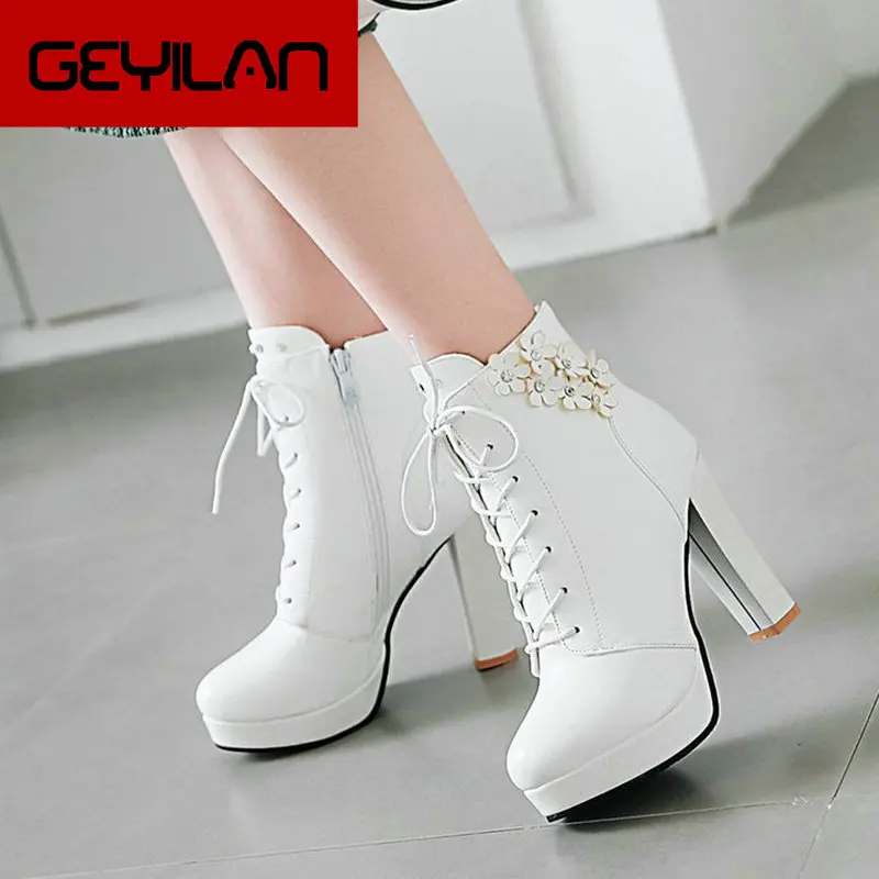 

Women Flower Thick High Heel comfy Platform Ankle Boots Fashion Zipper Cross Tied Round Toe Autumn Winter Shoes Black White
