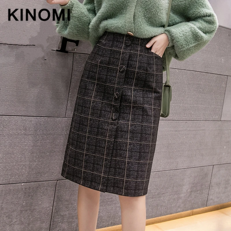 KINOMI осень зима женские винтажные шерстяные клетчатые миди прямые юбки новые женские юбки до колена с высокой талией с карманом