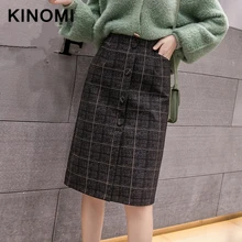 KINOMI осень зима женские винтажные шерстяные клетчатые миди прямые юбки новые женские юбки до колена с высокой талией с карманом