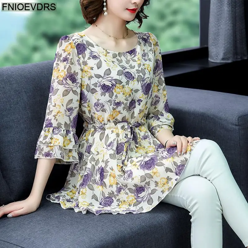 Loose Lazy 5XL 4XL 3XL Clothes Elegant Blusas Women Summer Blouse Floral Print Office Lady Belly Vintage Retro Tunic Peplum Tops