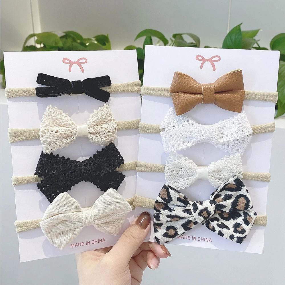 4Pcs/set Cute Cotton Linen Leopard Printed Bowknot solid Headband For Girl Ribbon Headwear Toddlers Band Infant Hair Accessories hair bows for women