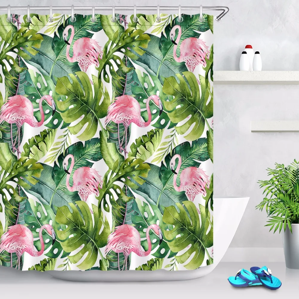 Art Tropical Plants Polyester Waterproof Bathroom Fabric Shower Curtain 12 Hook 
