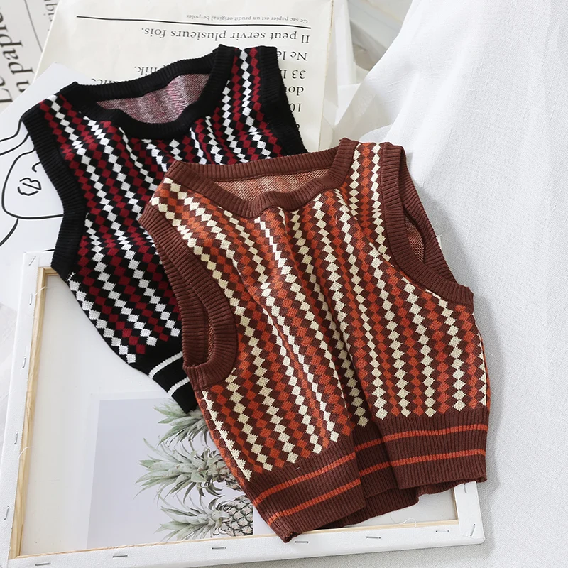 

vintage sleeveless round neck pullover diamond pullovers sweater vest for women black brown winter sweaters vests knitted tops