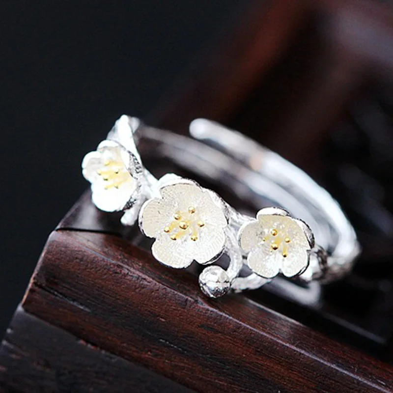 Adjustable Plum Blossom Ring Silver Color Plated Handmade Wintersweet Open Finger Band Small Delicate Flower Women Jewelry | Украшения и