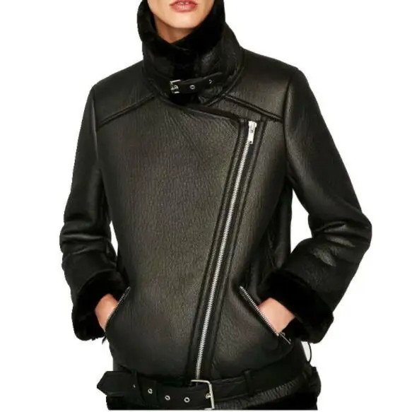 Зимняя женская кожаная куртка из искусственного меха, Толстая теплая кожаная куртка из искусственной овечьей шерсти с меховым воротником, мотоциклетная верхняя одежда на молнии