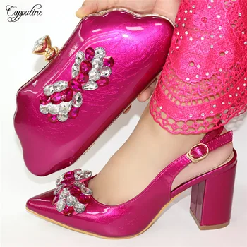 

New fashion pointed toe design sandals with purse fashion shoes and clutch bag set 56882-2 in fuchsia , heel height 9cm