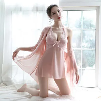 

Sexy Sleepwear Women Lace Night Dress Deep V Spaghetti Strap babydoll Solid Color Backless Sexy Night Dress Homewear