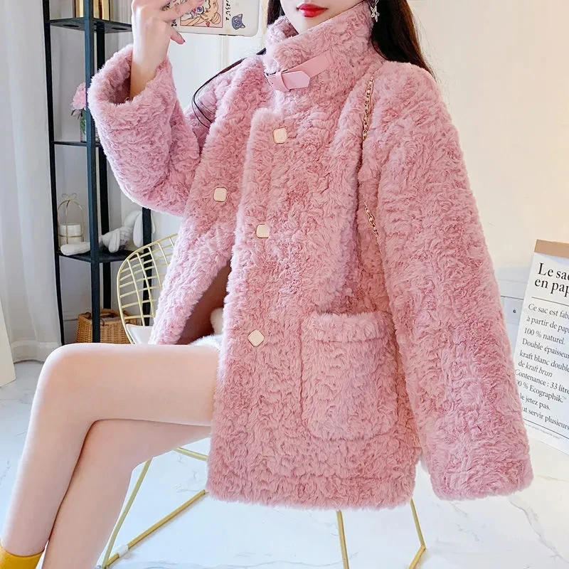 Thick Imitate Fur Jacket Female Autumn And Winter 2022 New Style Korean Loose Wild Lamb Hair Short Coat Green Button Outwear 666