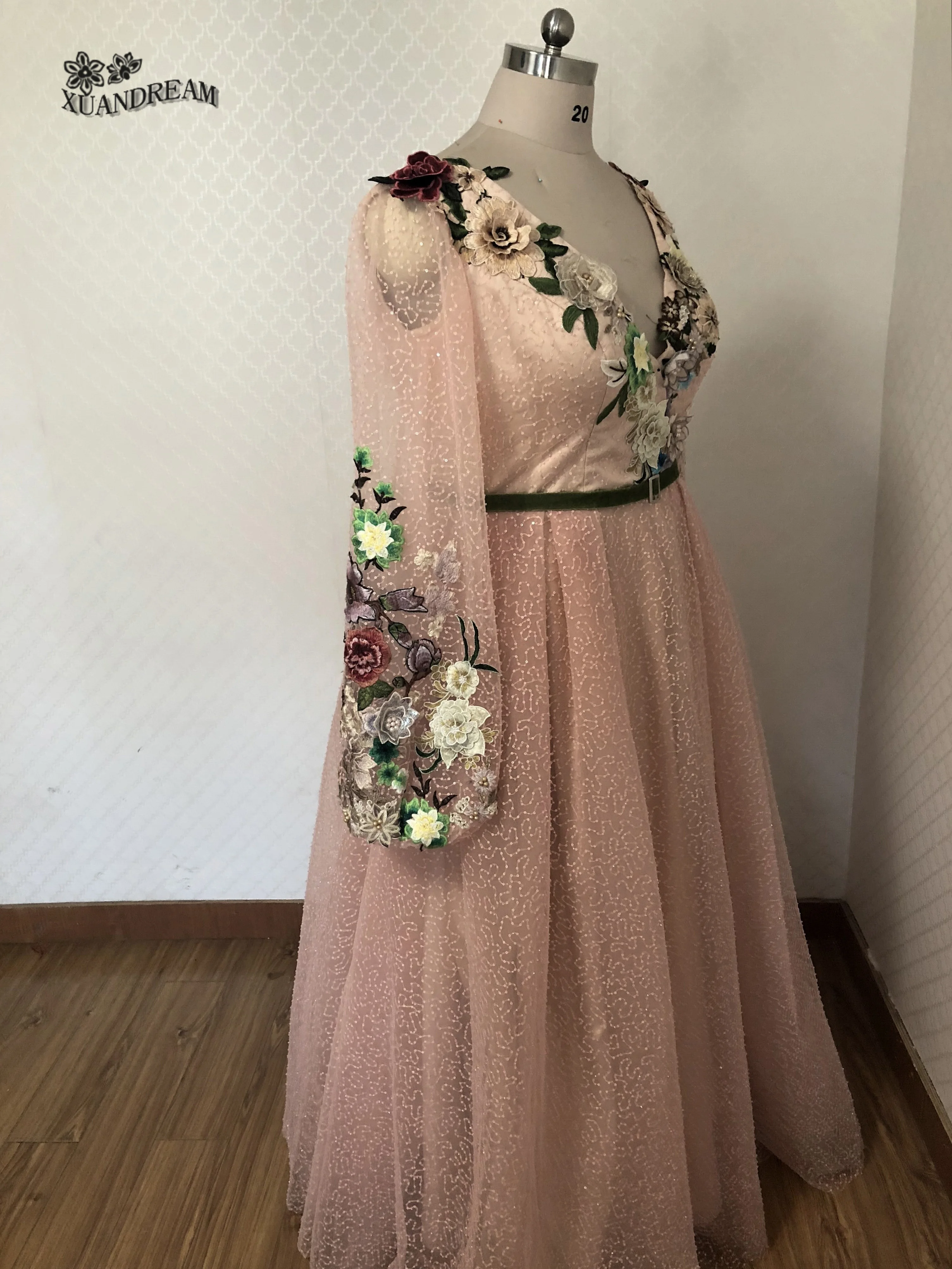Высокое качество плюс размер платье vestido sereia платье v-образный вырез аппликации кружева бусины в форме цветов с длинными рукавами вечернее платье