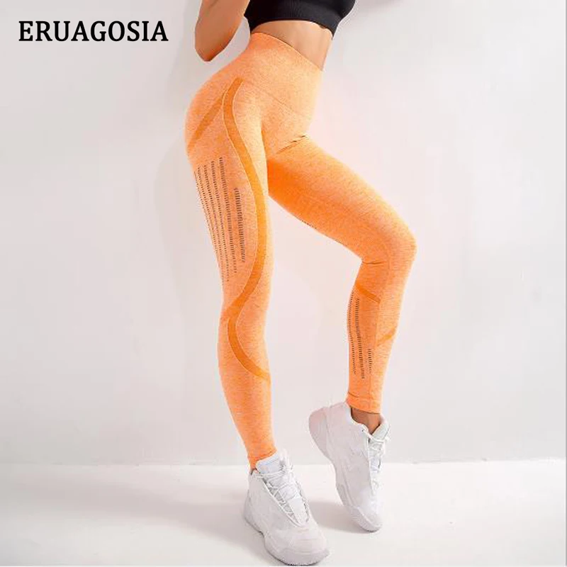 ERUAGOSIA Seamless Yoga Pants Women High Waist Stitching Hollow Sport Pants Female Running Training Fitness Shark Gym Leggings